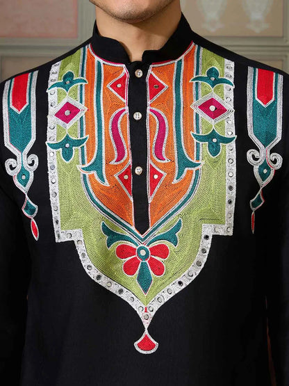 Black Navratri Kurta Set Multi Thread And Real Mirror Work