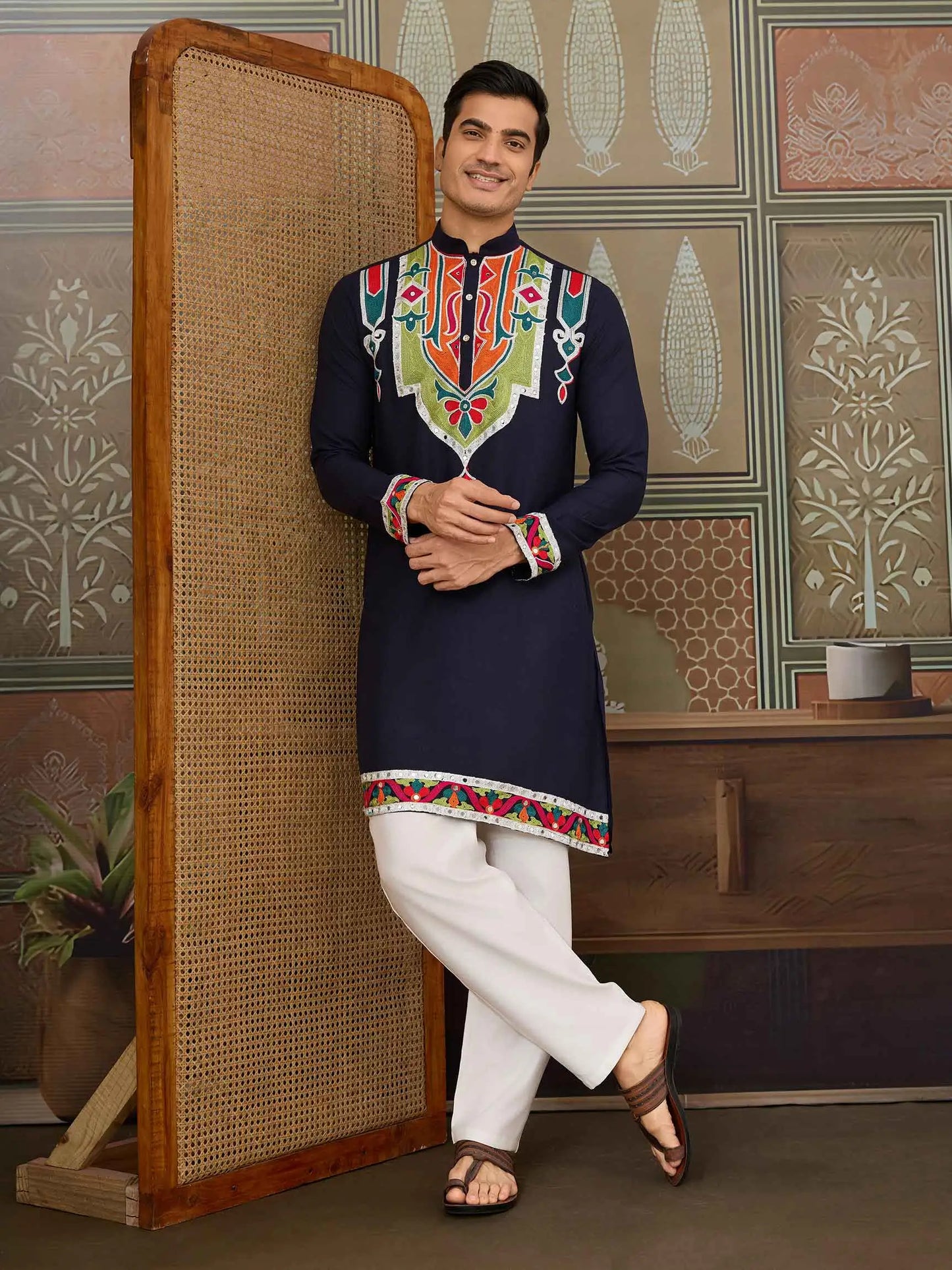 Navy Blue Navratri Kurta Set Multi Thread And Real Mirror Work