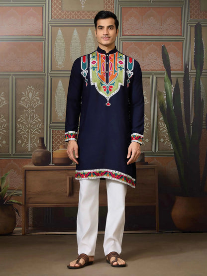 Navy Blue Navratri Kurta Set Multi Thread And Real Mirror Work