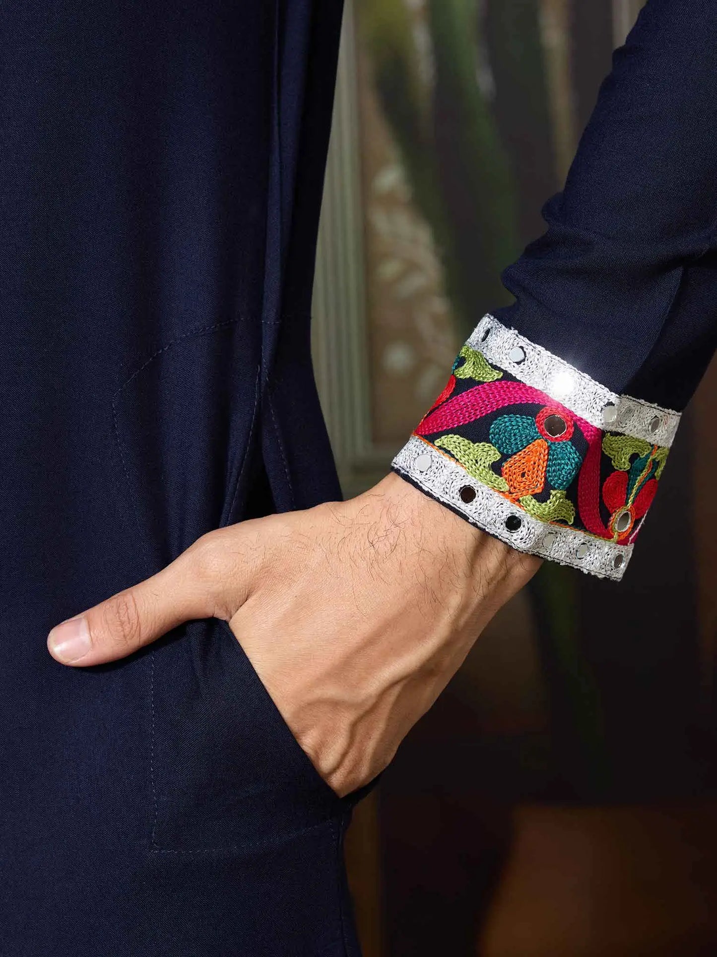 Navy Blue Navratri Kurta Set Multi Thread And Real Mirror Work