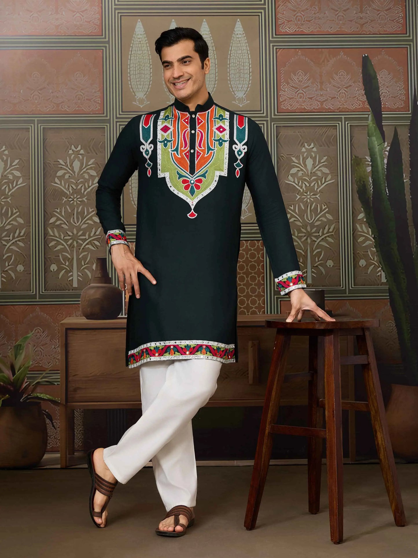 Dark Green Navratri Kurta Set Multi Thread And Real Mirror Work
