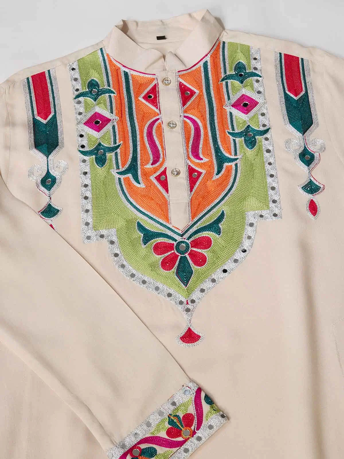 Cream Navratri Kurta Set Multi Thread And Real Mirror Work