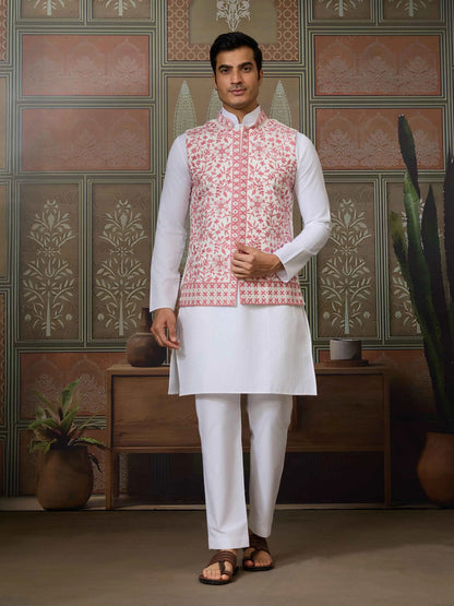 Peach Silk Kurta Set With Embroidery & Mirror Work Koti
