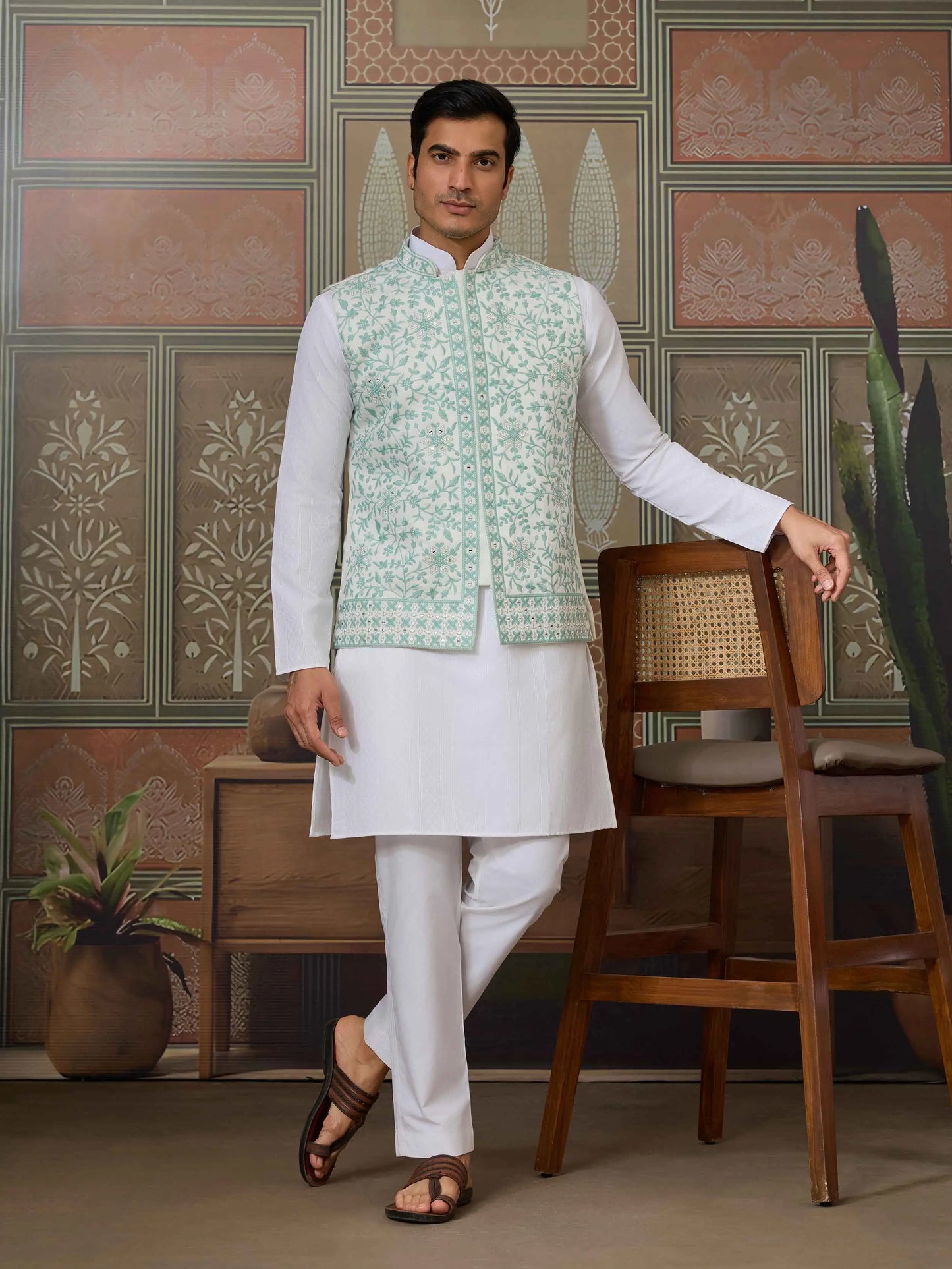 Green Silk Kurta Set With Embroidery & Mirror Work Koti