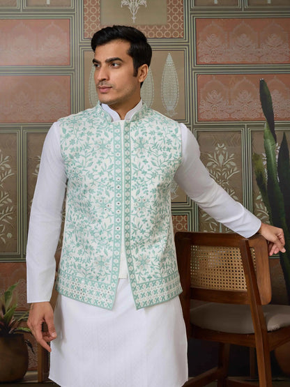 Green Silk Kurta Set With Embroidery & Mirror Work Koti