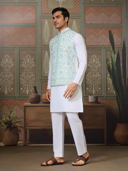 Green Silk Kurta Set With Embroidery & Mirror Work Koti