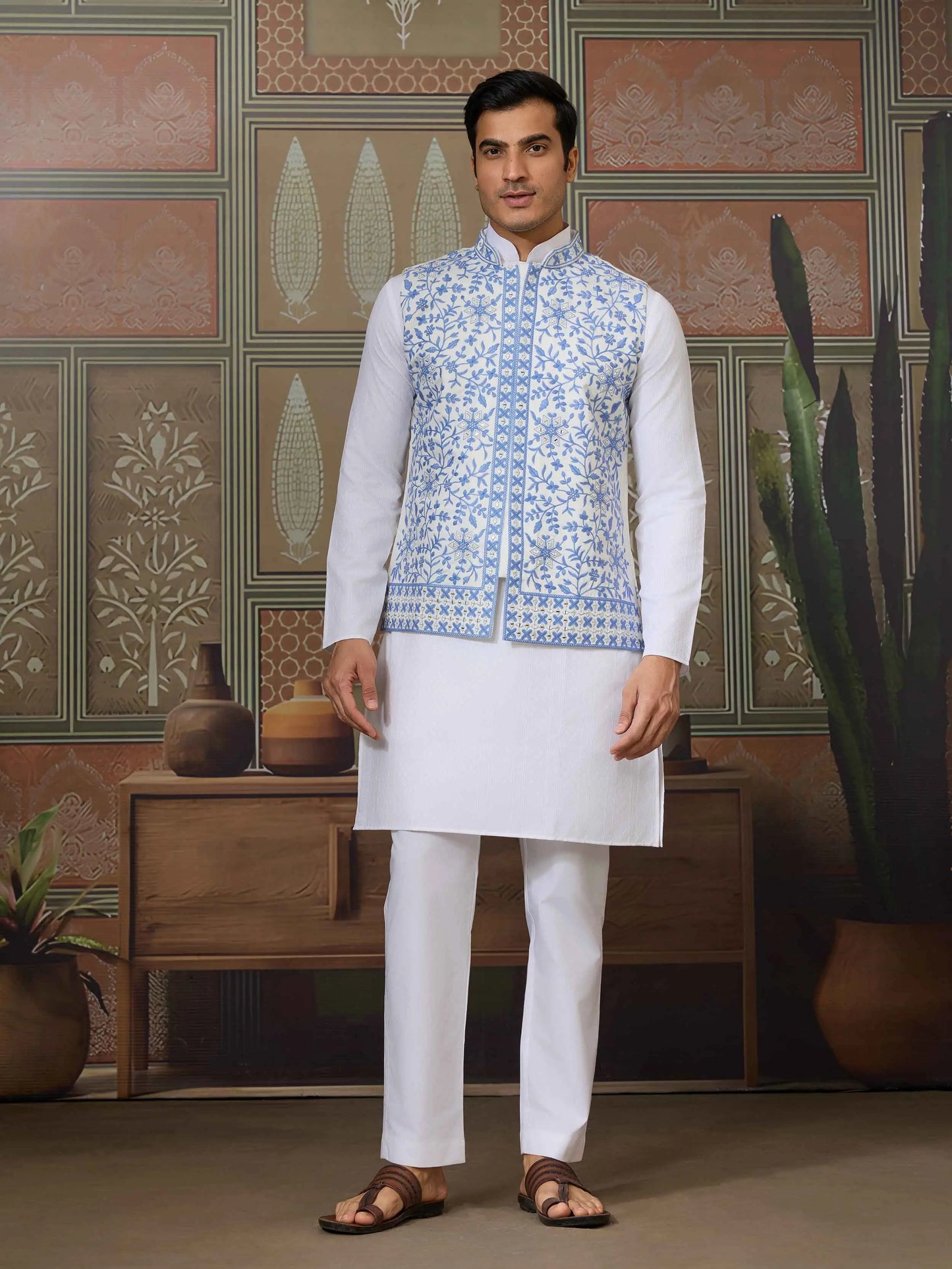 Blue Silk Kurta Set With Embroidery & Mirror Work Koti