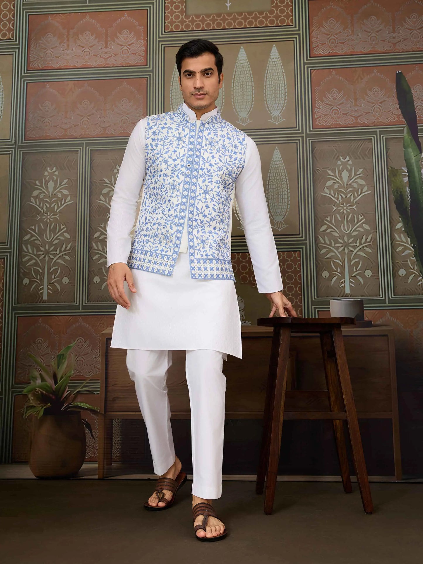 Blue Silk Kurta Set With Embroidery & Mirror Work Koti
