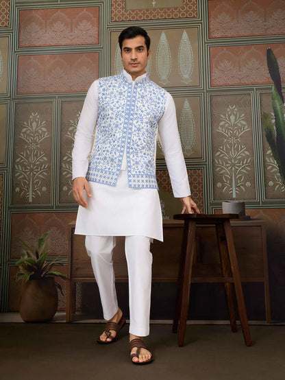 Blue Silk Kurta Set With Embroidery & Mirror Work Koti
