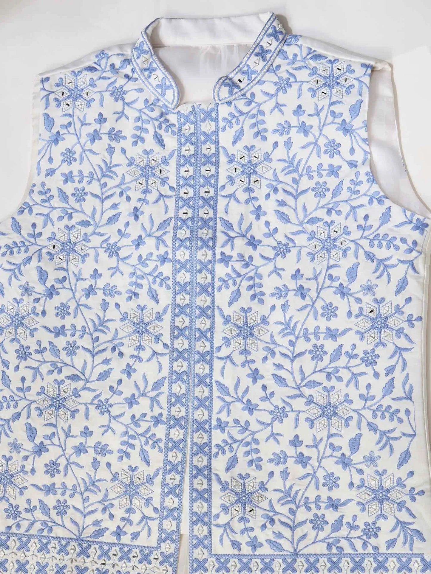 Blue Silk Kurta Set With Embroidery & Mirror Work Koti