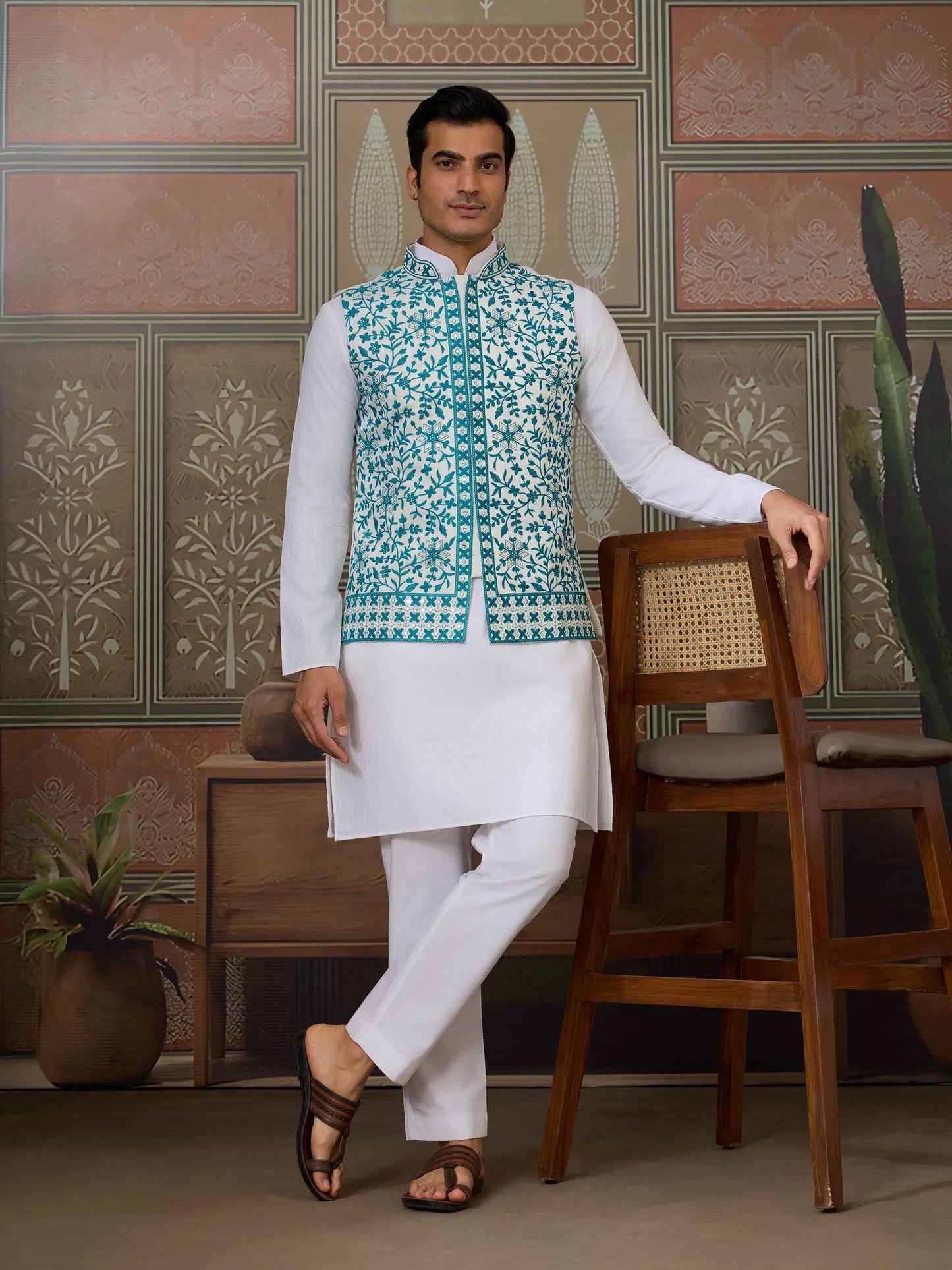 Teal Blue Silk Kurta Set With Embroidery & Mirror Koti