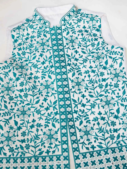 Teal Blue Silk Kurta Set With Embroidery & Mirror Koti