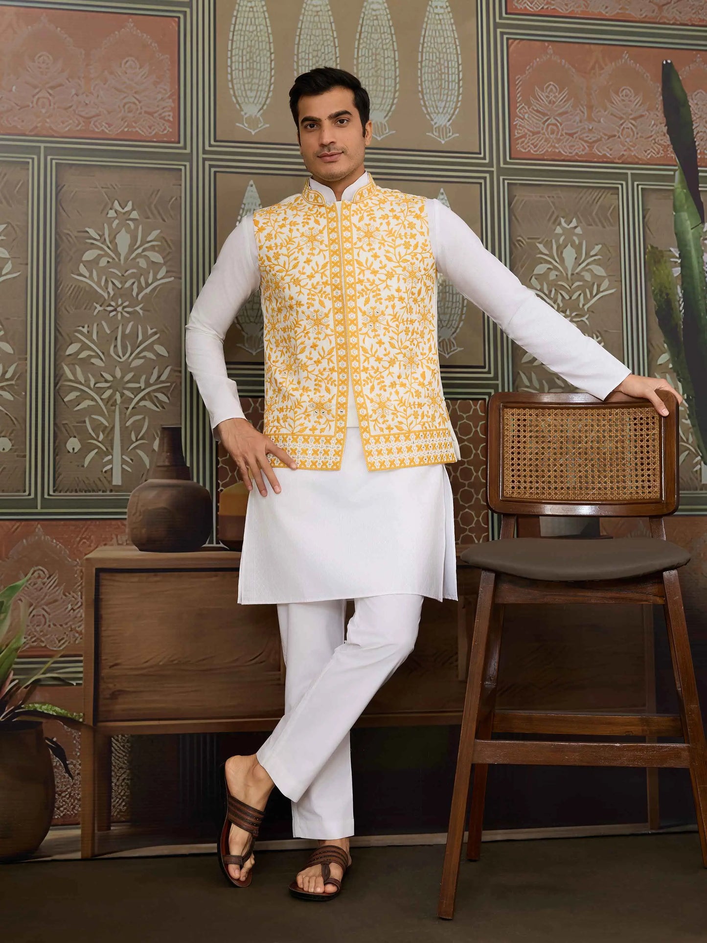 Yellow Silk Kurta Set With Embroidery & Mirror Work Koti