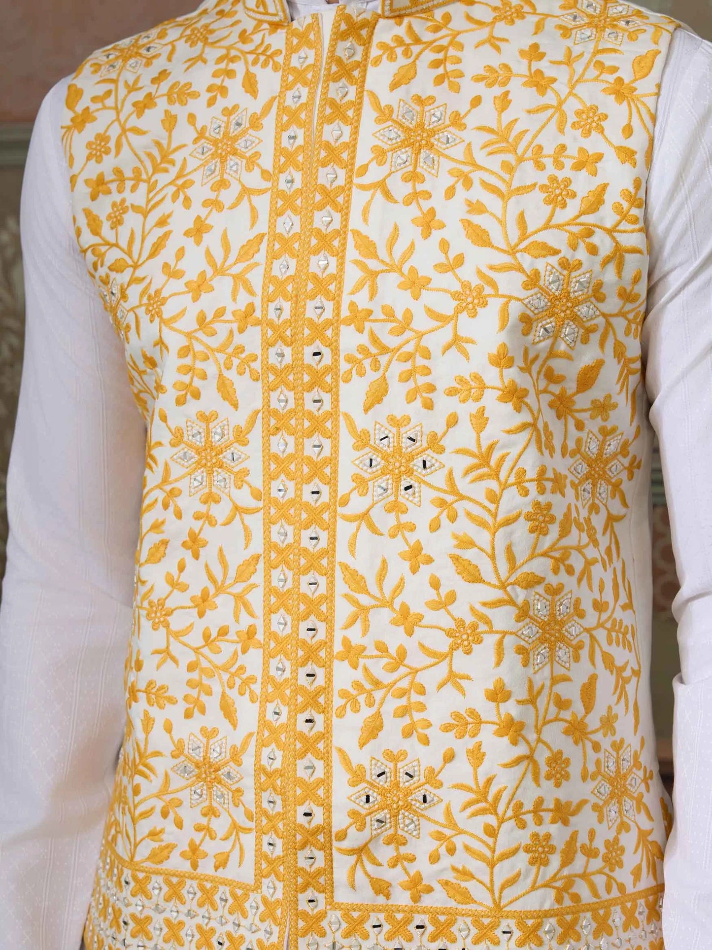 Yellow Silk Kurta Set With Embroidery & Mirror Work Koti