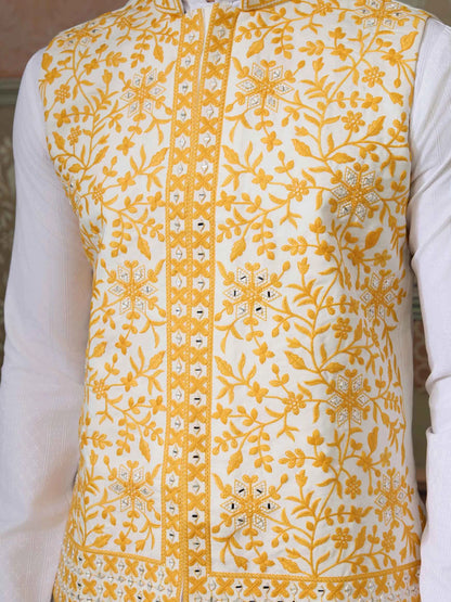 Yellow Silk Kurta Set With Embroidery & Mirror Work Koti