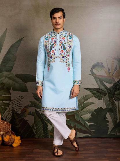 Sky Blue Multi Thread Sequins Embroidery Work Festive Wear Kurta Set