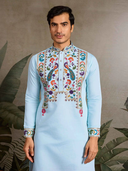 Sky Blue Multi Thread Sequins Embroidery Work Festive Wear Kurta Set
