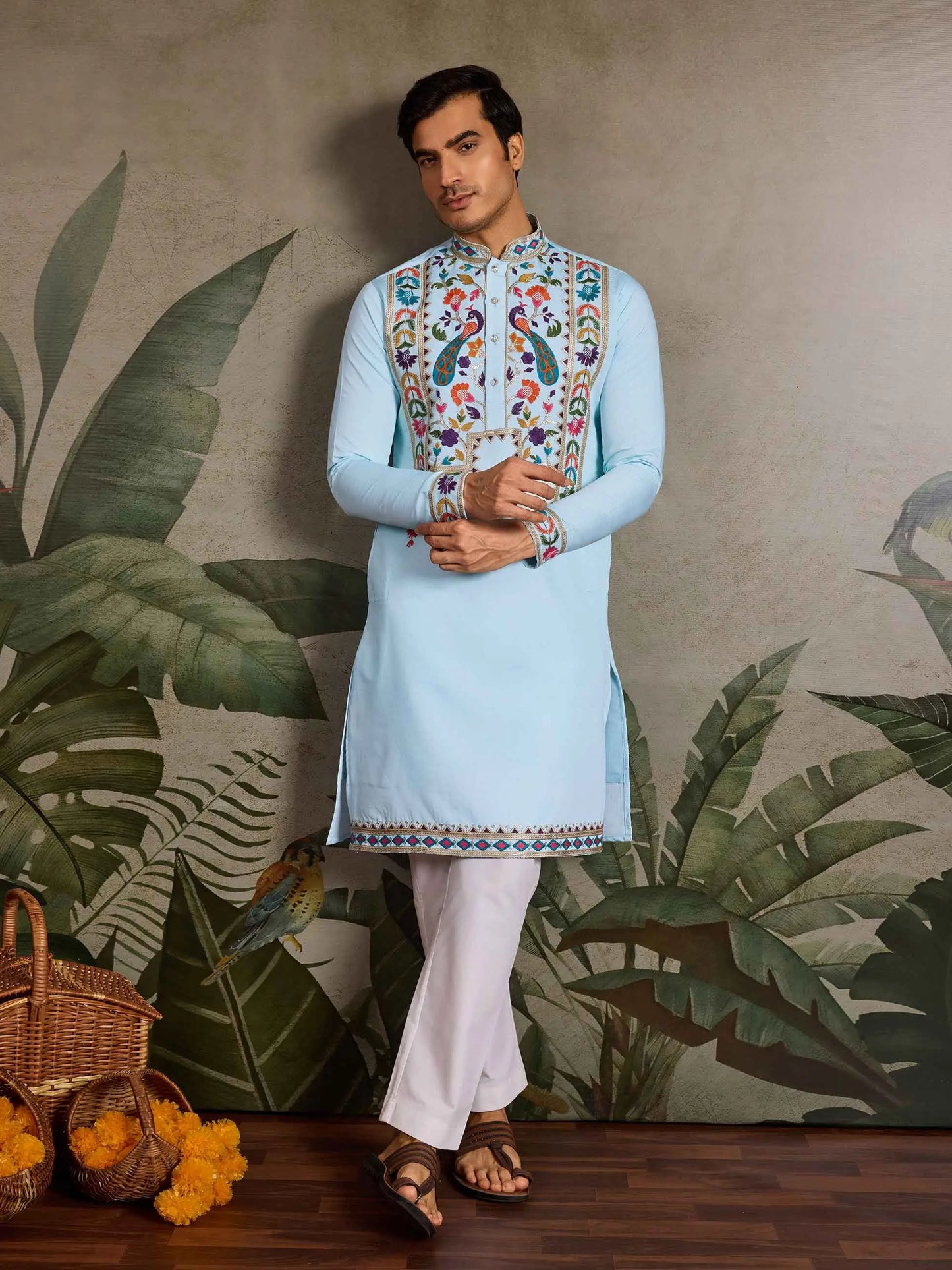 Sky Blue Multi Thread Sequins Embroidery Work Festive Wear Kurta Set