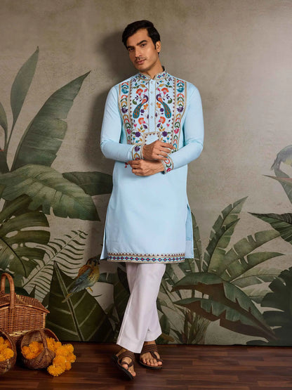Sky Blue Multi Thread Sequins Embroidery Work Festive Wear Kurta Set