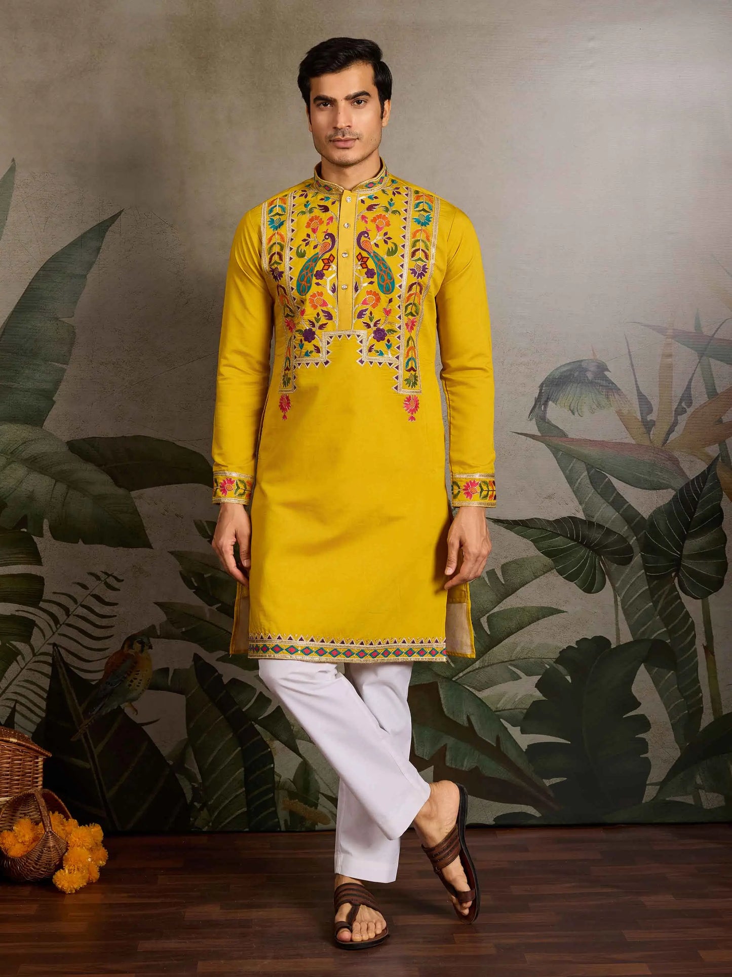 Yellow Multi Thread And Sequins Embroidery Work Festive Wear Kurta Set