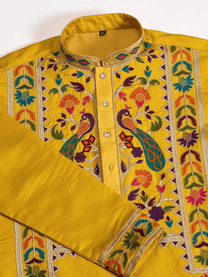 Yellow Multi Thread And Sequins Embroidery Work Festive Wear Kurta Set
