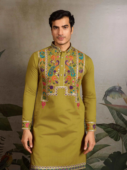 Fluroscent Green Multi Thread Sequins Embroidery Work Festive Wear Kurta Set