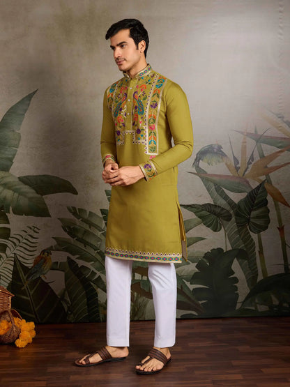 Fluroscent Green Multi Thread Sequins Embroidery Work Festive Wear Kurta Set