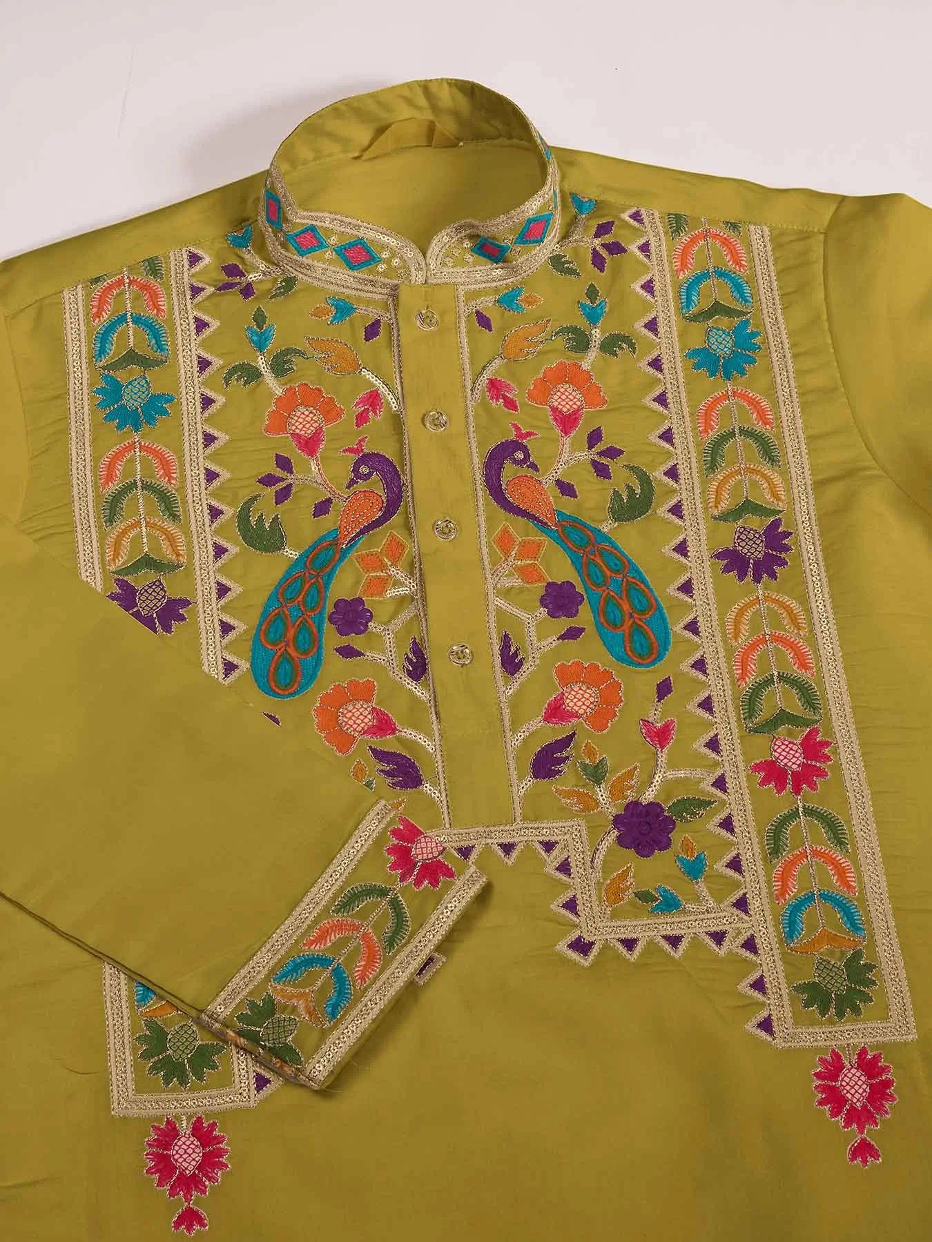 Fluroscent Green Multi Thread Sequins Embroidery Work Festive Wear Kurta Set