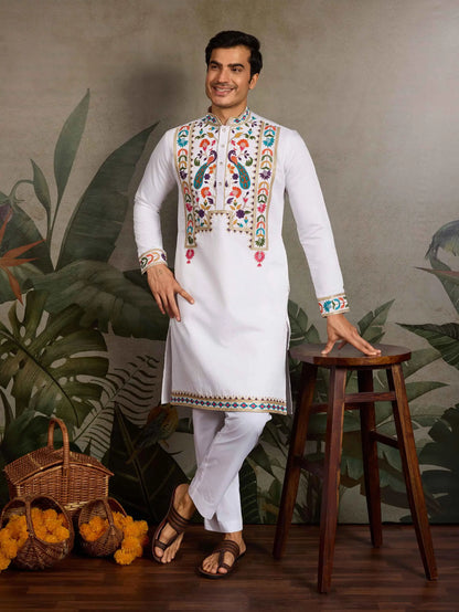 White Multi Thread And Sequins Embroidery Work Festive Wear Kurta Set