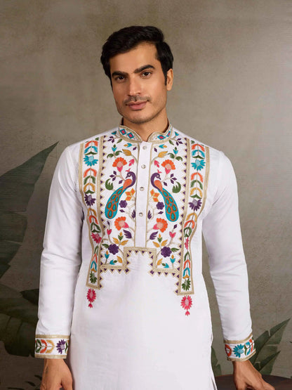 White Multi Thread And Sequins Embroidery Work Festive Wear Kurta Set