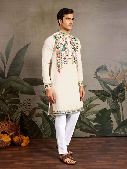 Beige Multi Thread And Sequins Embroidery Work Festive Wear Kurta Set