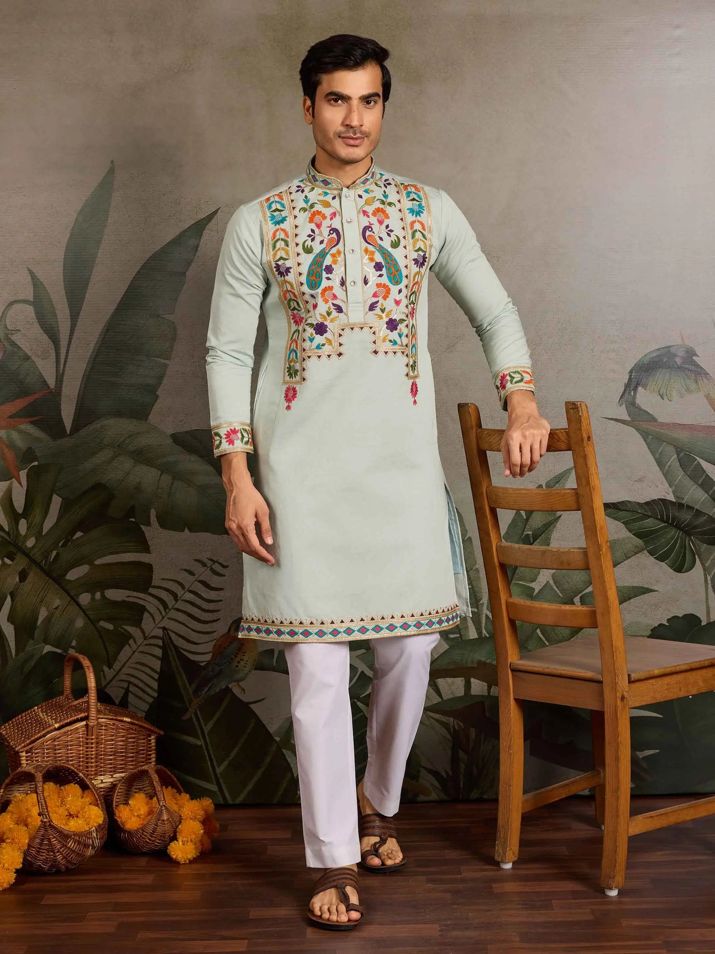 Light Pista Multi Thread Sequins Embroidery Work Festive Wear Kurta Set