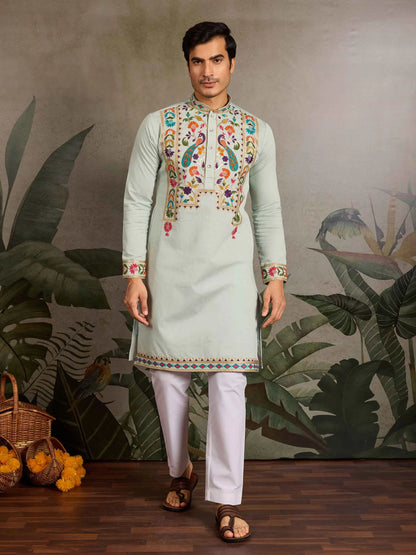 Light Pista Multi Thread Sequins Embroidery Work Festive Wear Kurta Set