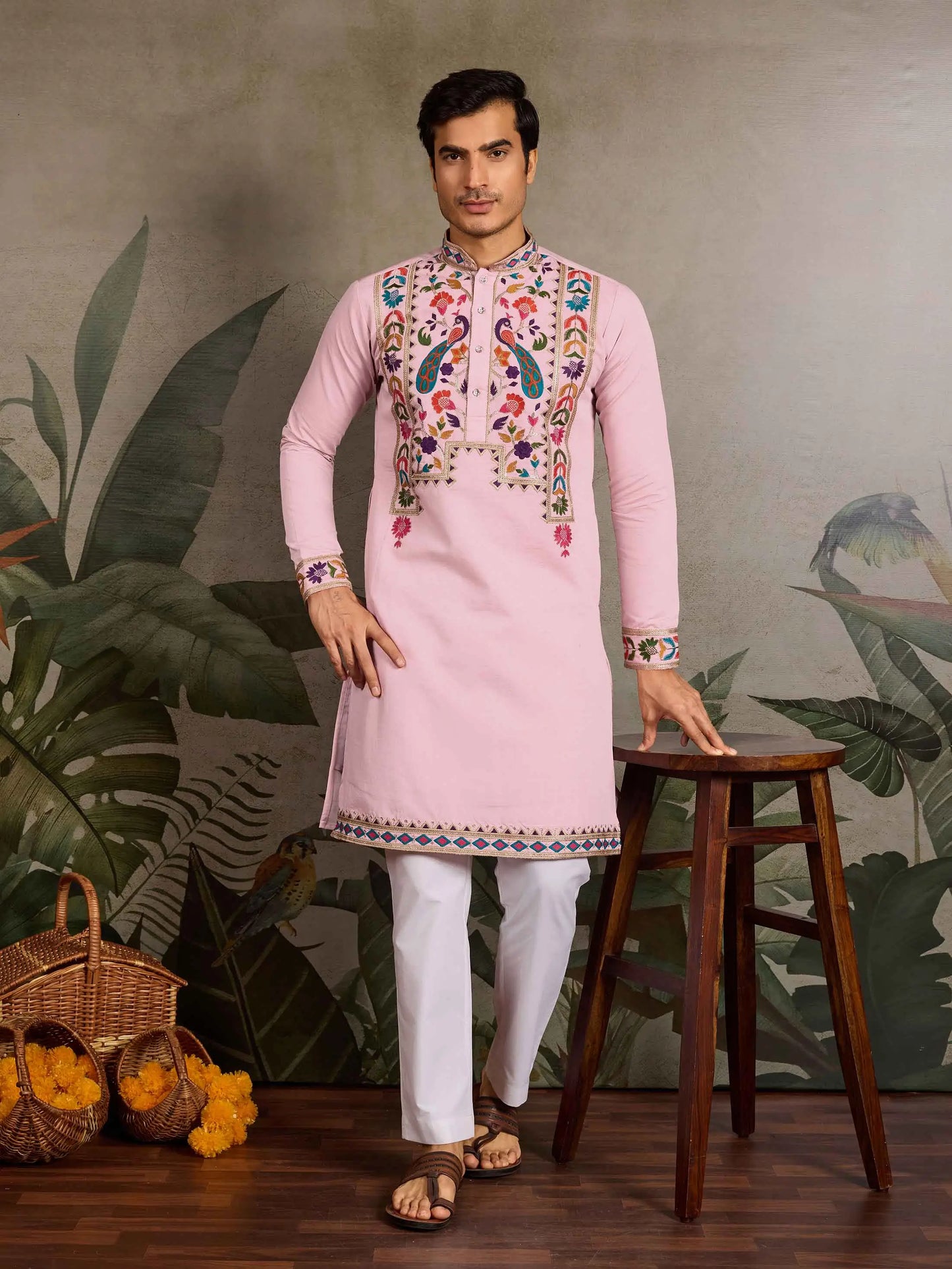 Light Pink Multi Thread Sequins Embroidery Work Festive Wear Kurta Set