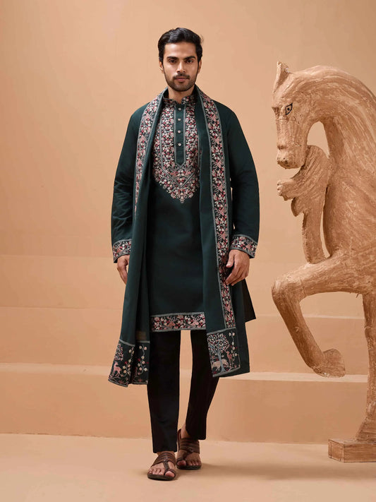 Dark Green Embroidery Kurta With Dupatta