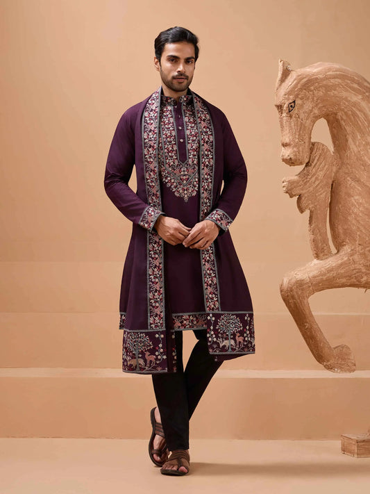 Wine Berry Embroidery Kurta With Dupatta