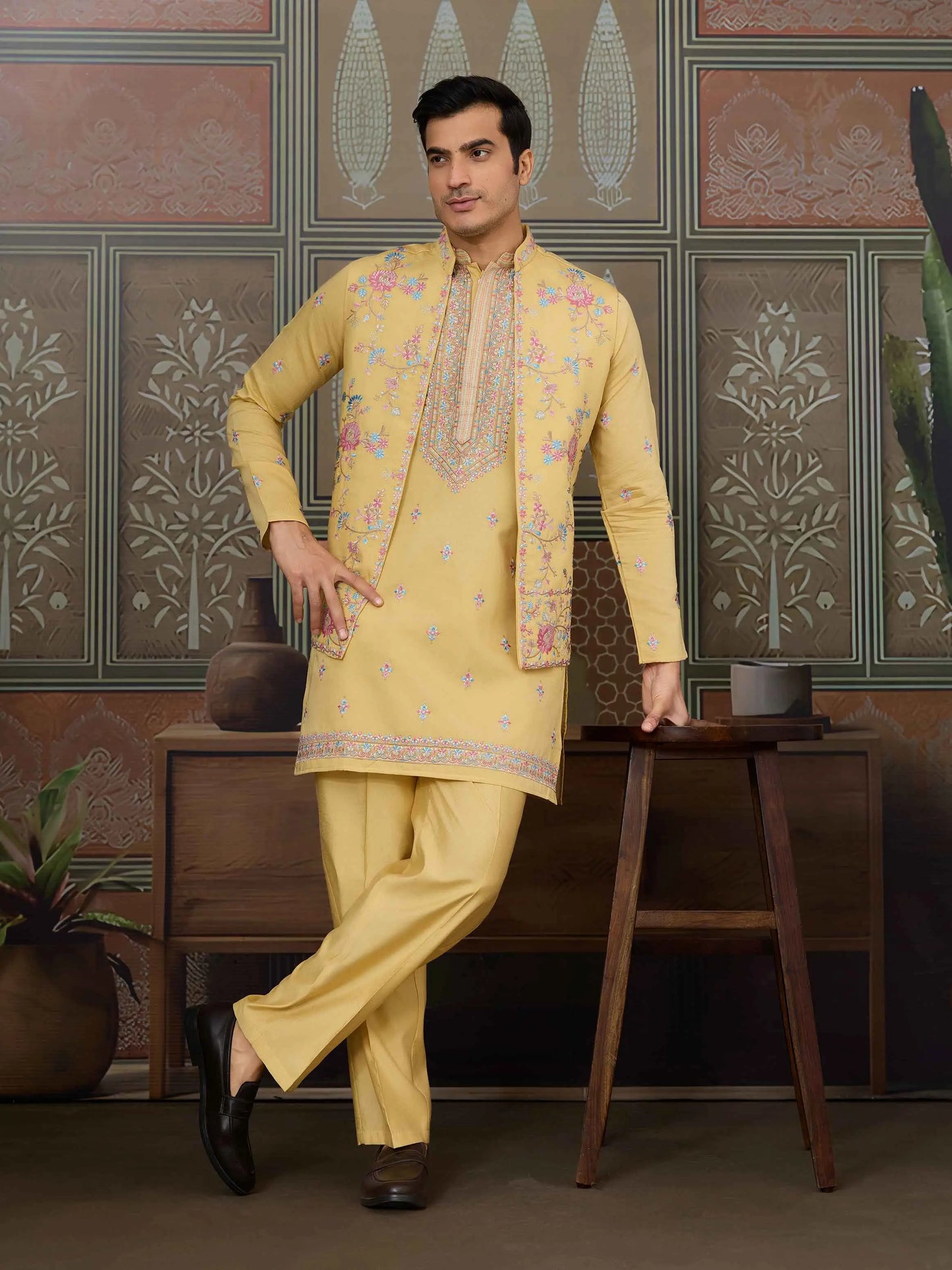 Yellow Multi Thread Sequins Embroidery Work Wedding Wear Kurta And Jacket
