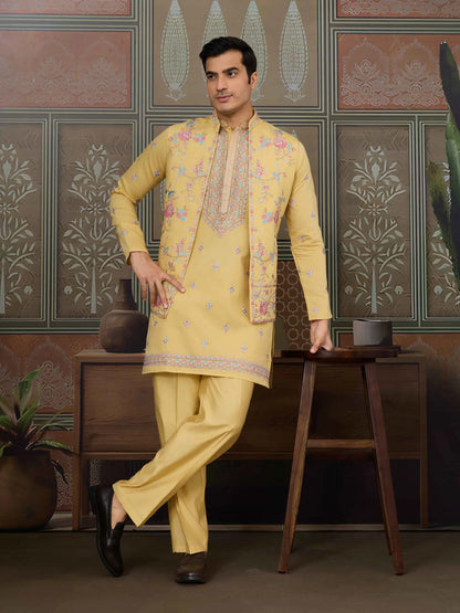 Yellow Multi Thread Sequins Embroidery Work Wedding Wear Kurta And Jacket