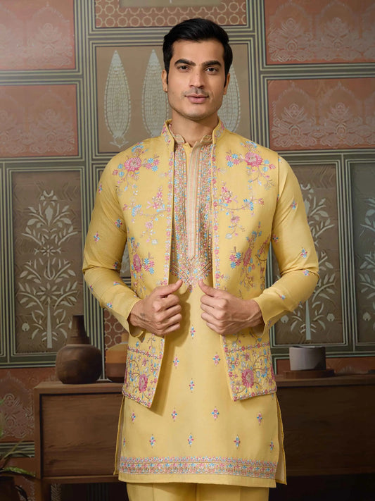 Yellow Multi Thread Sequins Embroidery Work Wedding Wear Kurta And Jacket