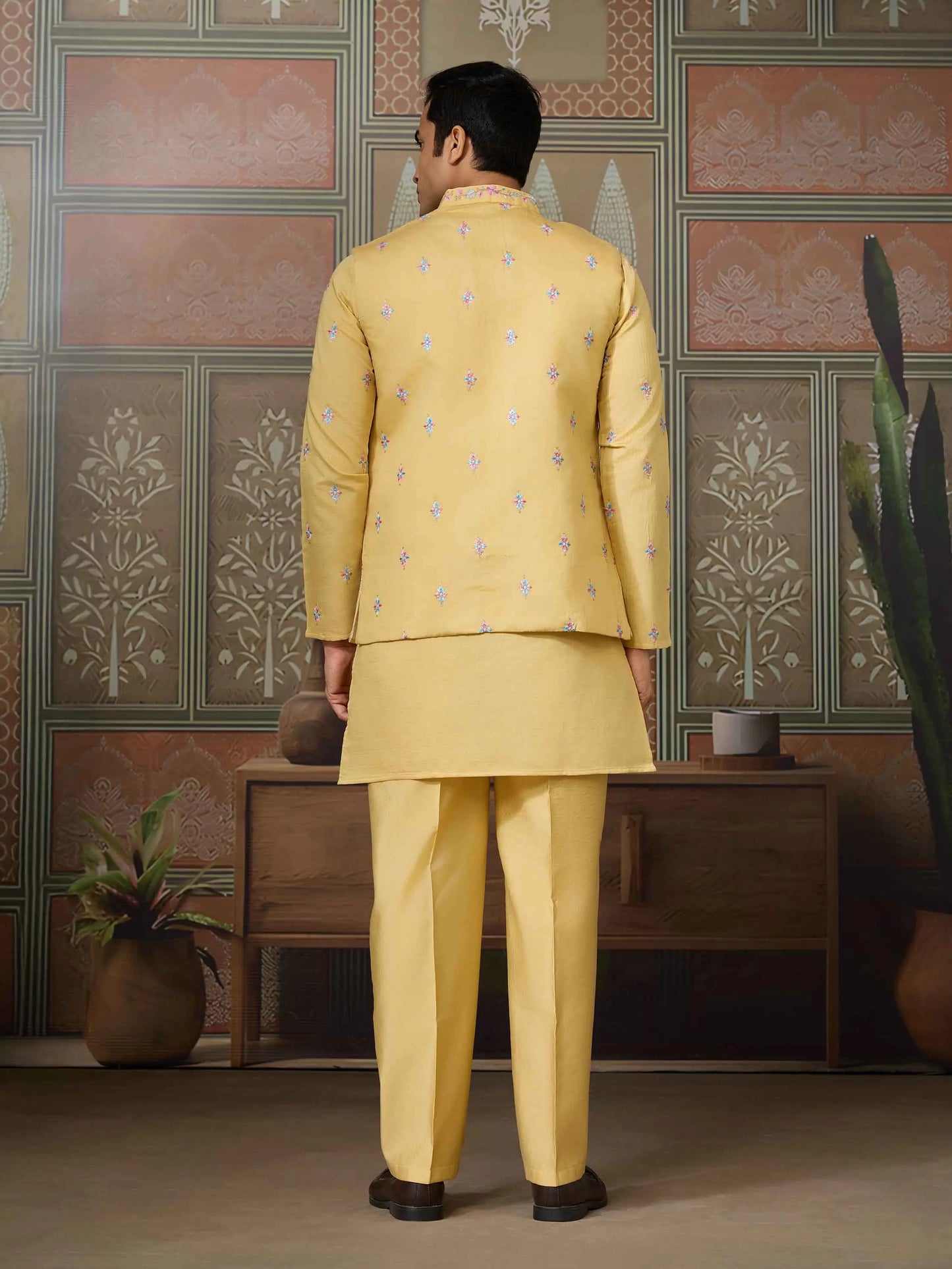 Yellow Multi Thread Sequins Embroidery Work Wedding Wear Kurta And Jacket