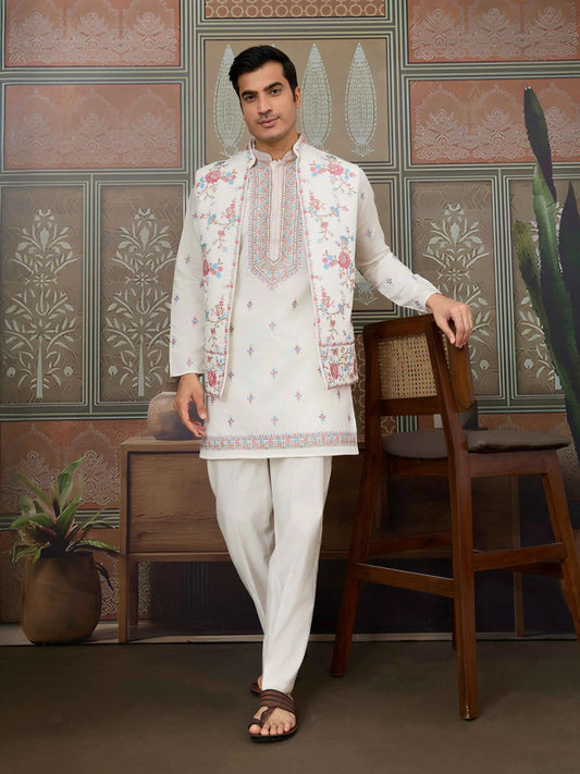 White Multi Thread Sequins Embroidery Work Wedding Wear Kurta And Jacket