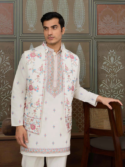 White Multi Thread Sequins Embroidery Work Wedding Wear Kurta And Jacket