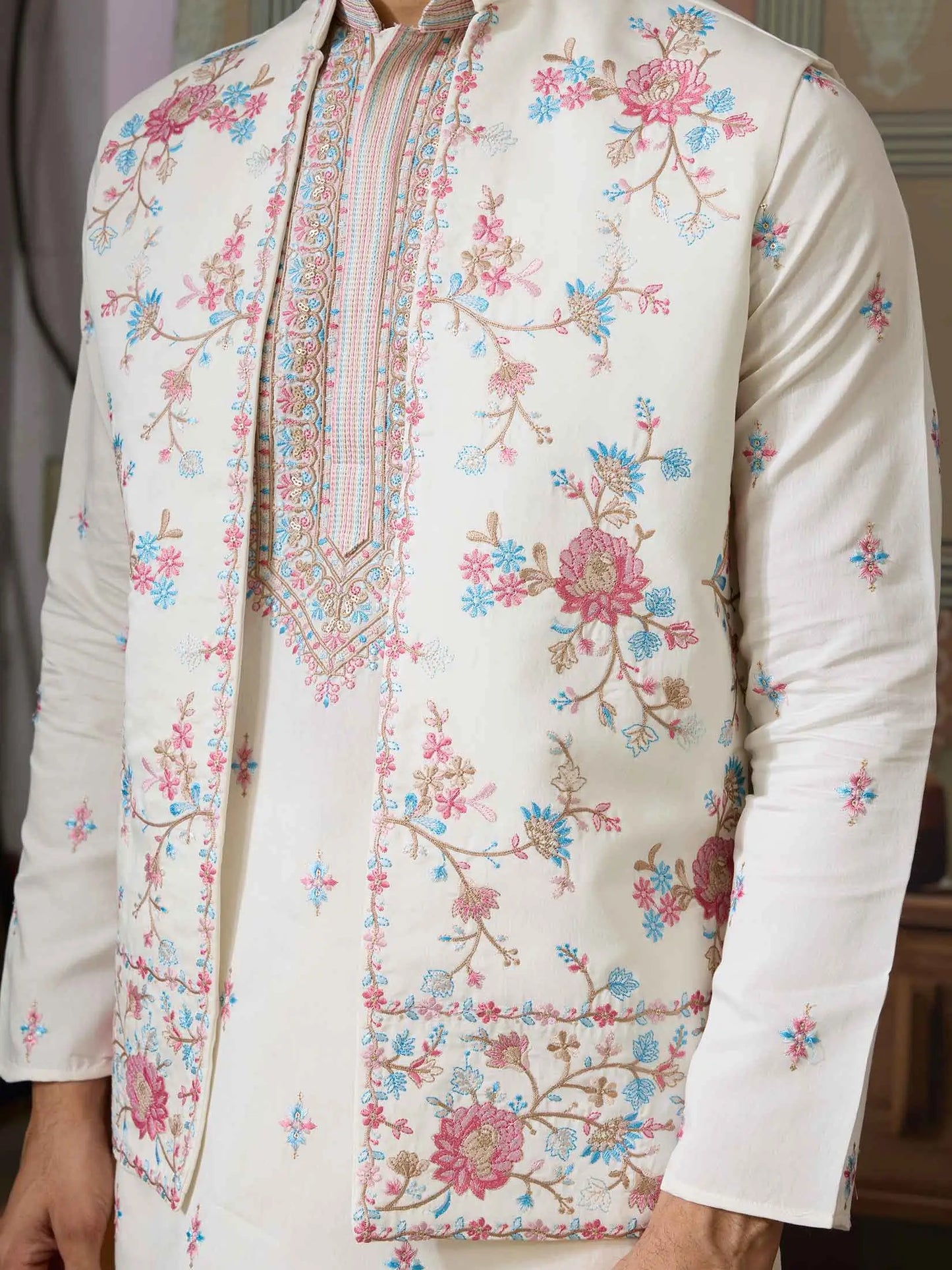 White Multi Thread Sequins Embroidery Work Wedding Wear Kurta And Jacket
