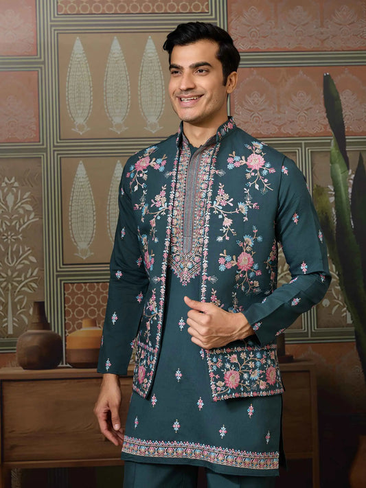 Timber Green Wedding Wear Multi Thread Sequins Embroidery Work  Kurta & Koti