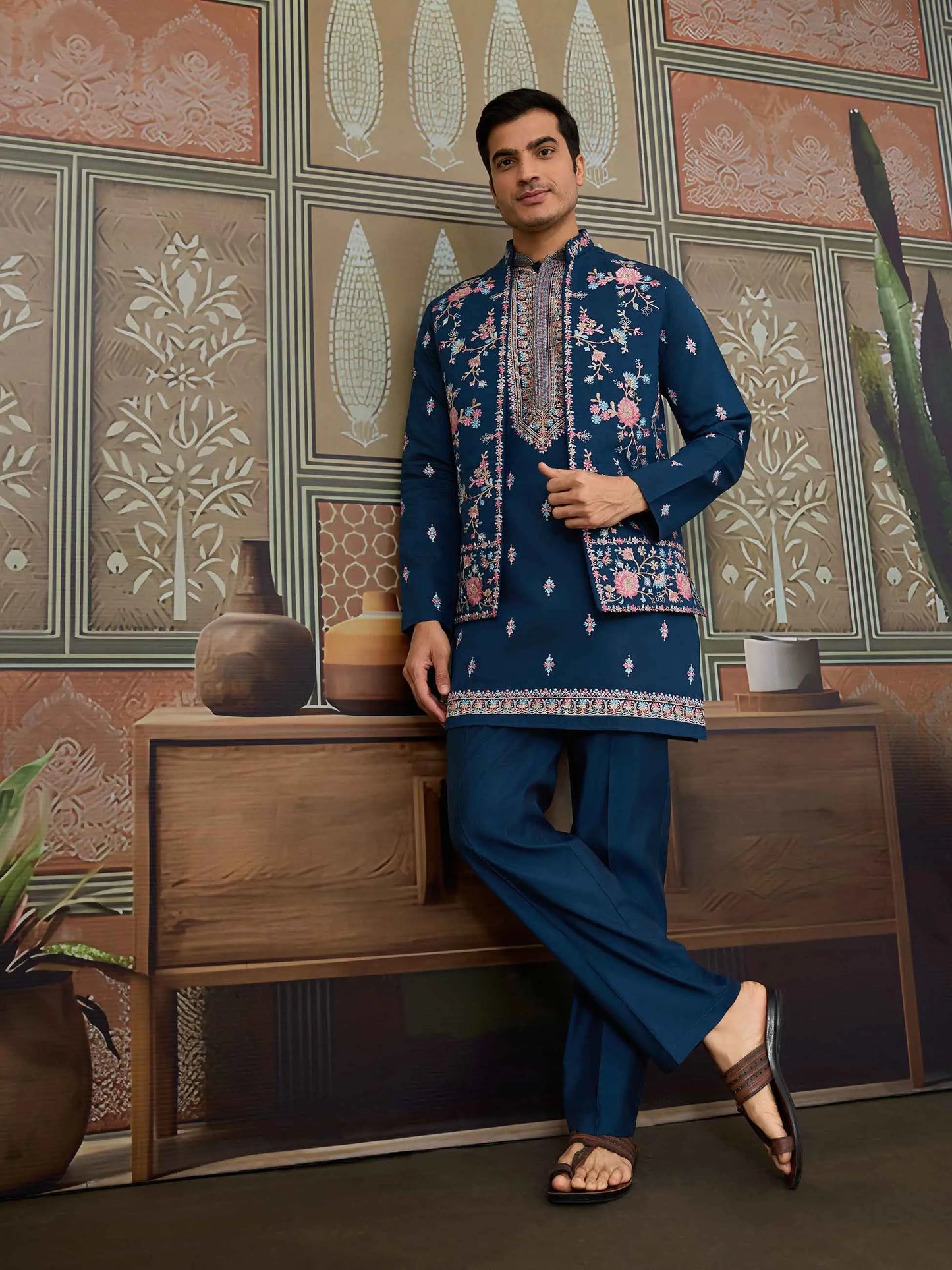 Nile Blue Multi Thread Sequins Embroidery Work Wedding Wear Kurta And Jacket