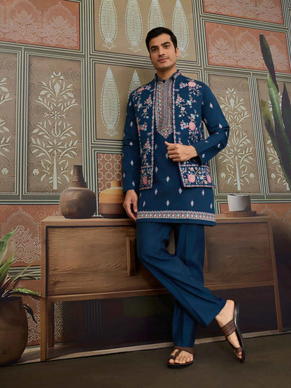 Nile Blue Multi Thread Sequins Embroidery Work Wedding Wear Kurta And Jacket