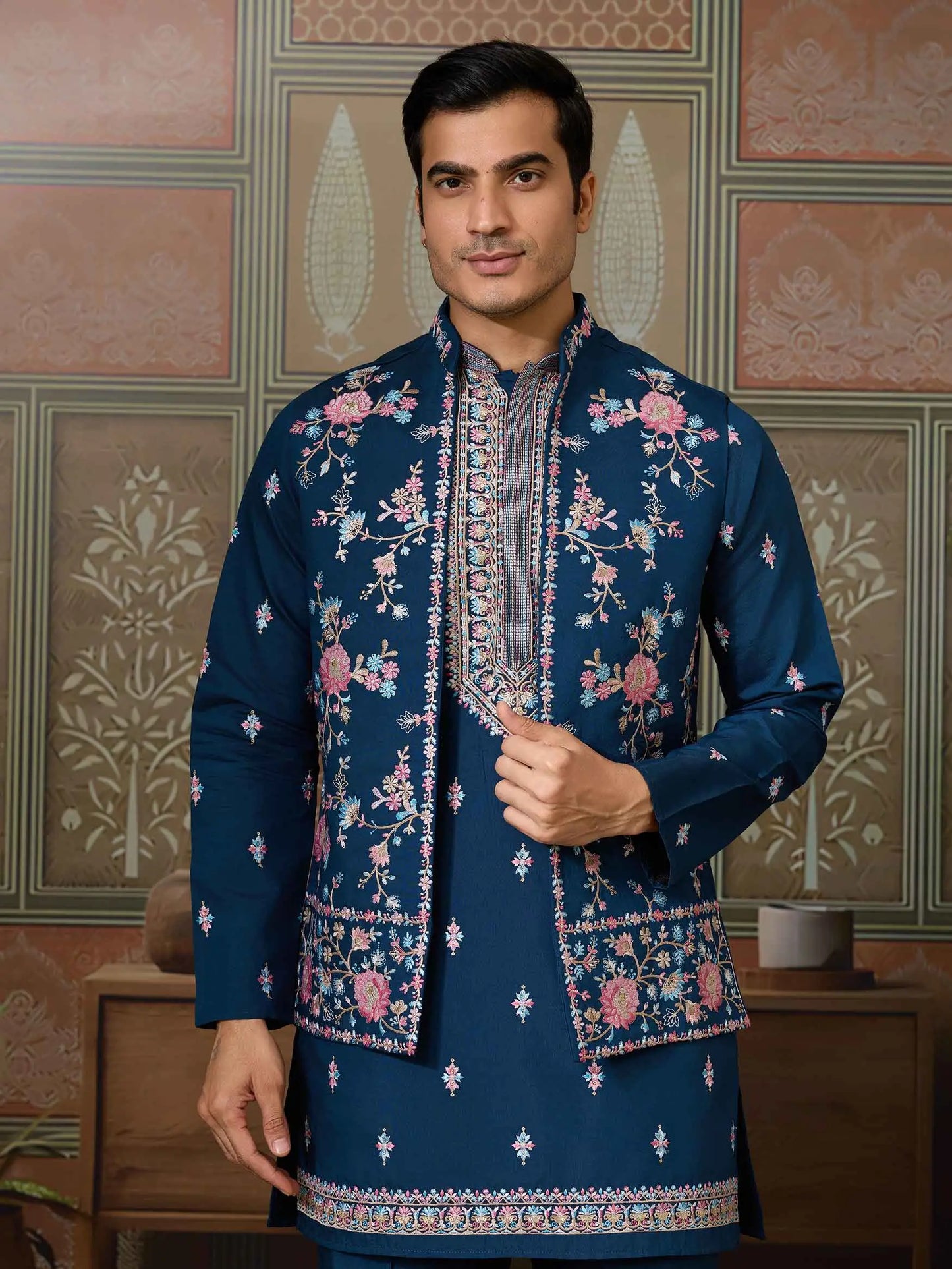 Nile Blue Multi Thread Sequins Embroidery Work Wedding Wear Kurta And Jacket