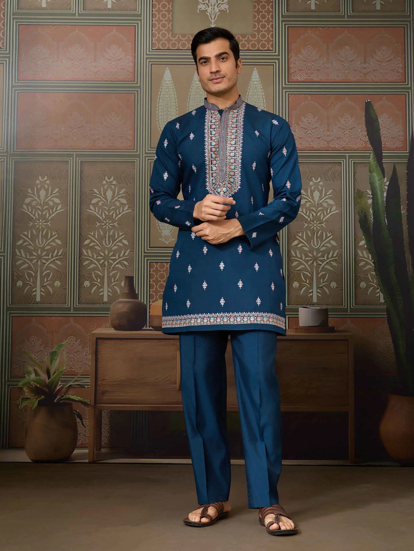 Nile Blue Multi Thread Sequins Embroidery Work Wedding Wear Kurta And Jacket