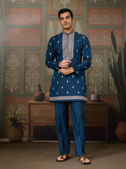 Nile Blue Multi Thread Sequins Embroidery Work Wedding Wear Kurta And Jacket