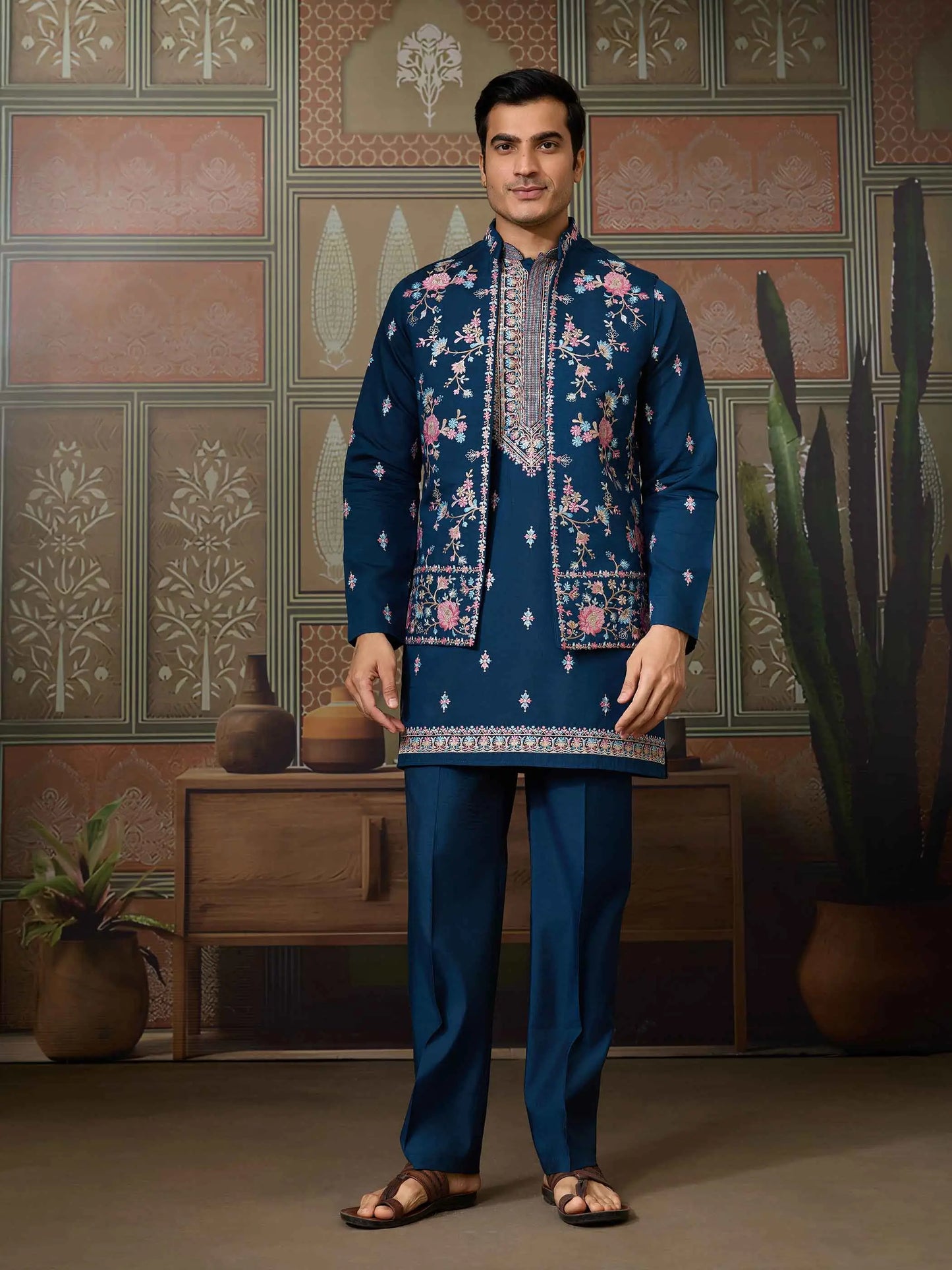 Nile Blue Multi Thread Sequins Embroidery Work Wedding Wear Kurta And Jacket